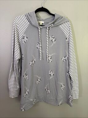 Gray Floral Striped Hoodie Sweatshirt